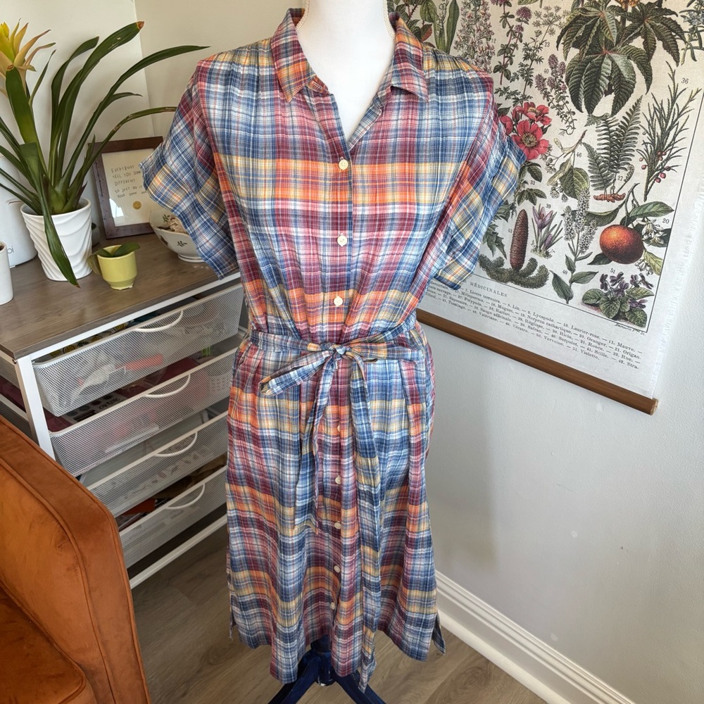 GAP Plaid Midi Shirt Dress in Blue, Red & Yellow